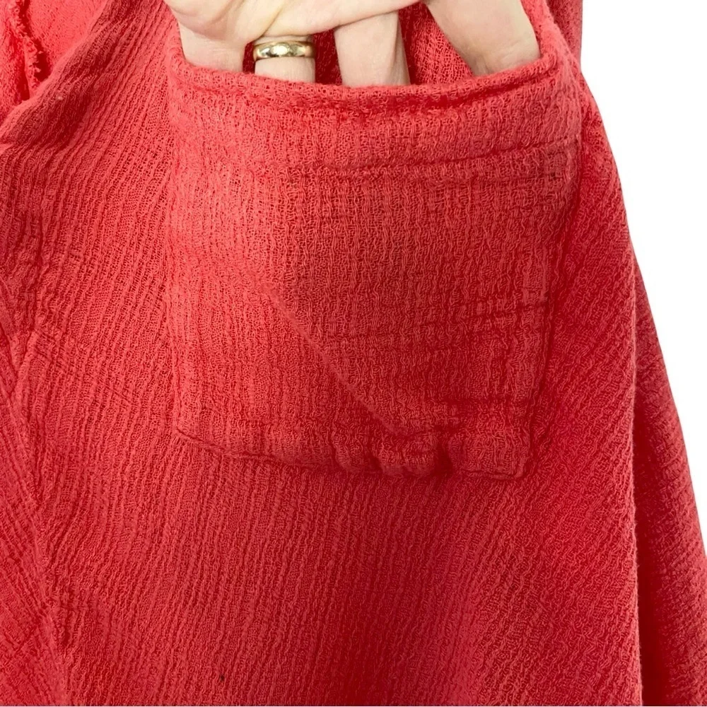 Free People Morning Gauze Top Womens Size Large V Neck Coral Orange Pocket Shirt